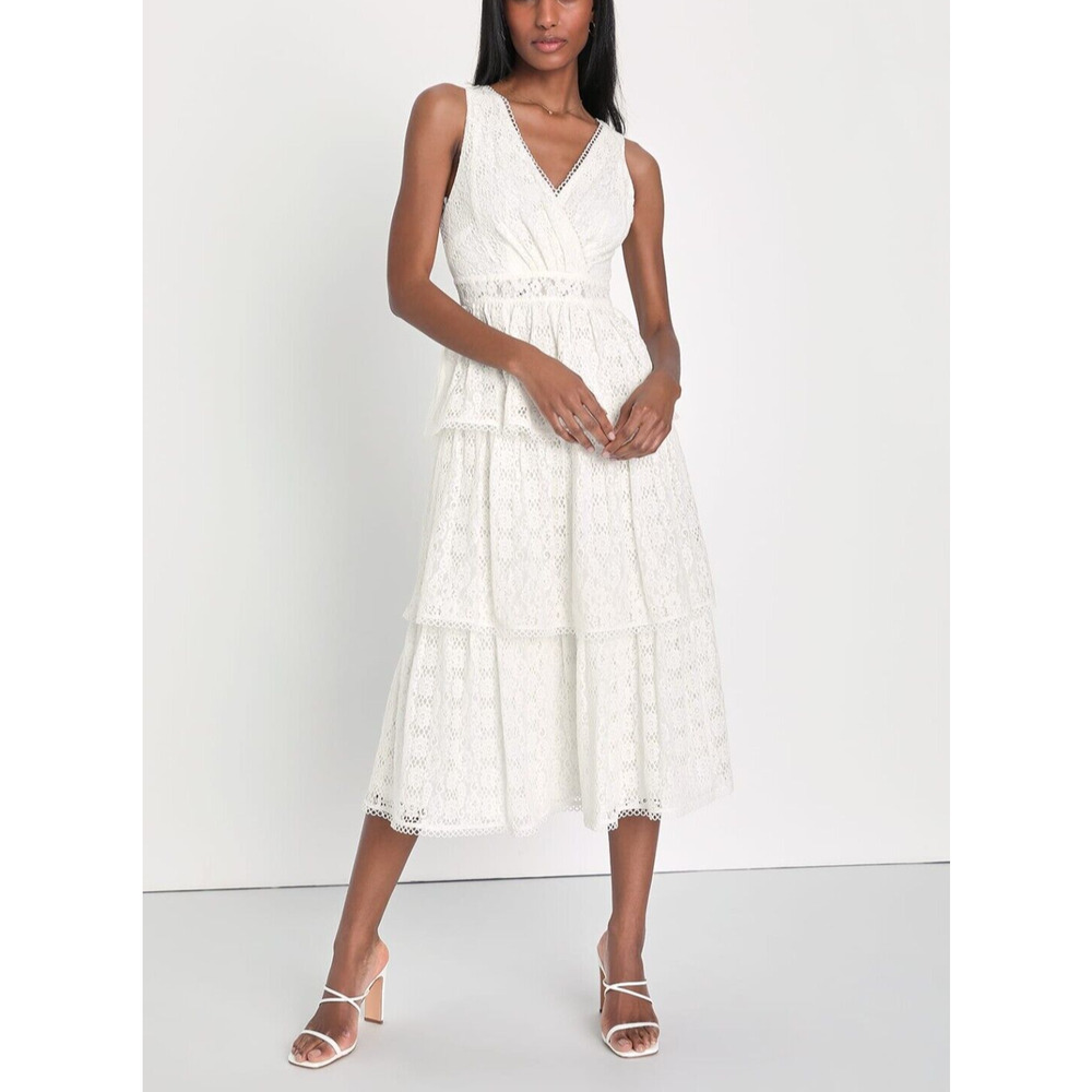Lulus Dress Tiered Lace Overlay Scalloped Crochet Trim M White Deep V-Neck Zip